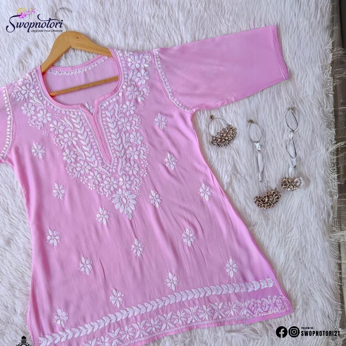 EMBROIDERED WORK SHORT KURTI | BABY PINK