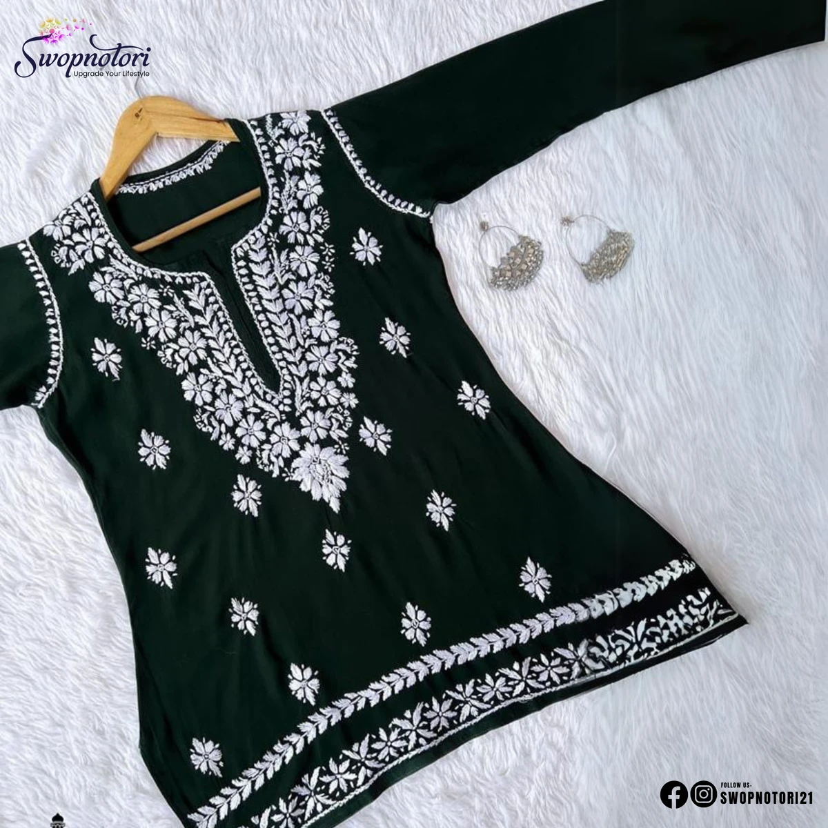 EMBROIDERED WORK SHORT KURTI | DARK GREEN